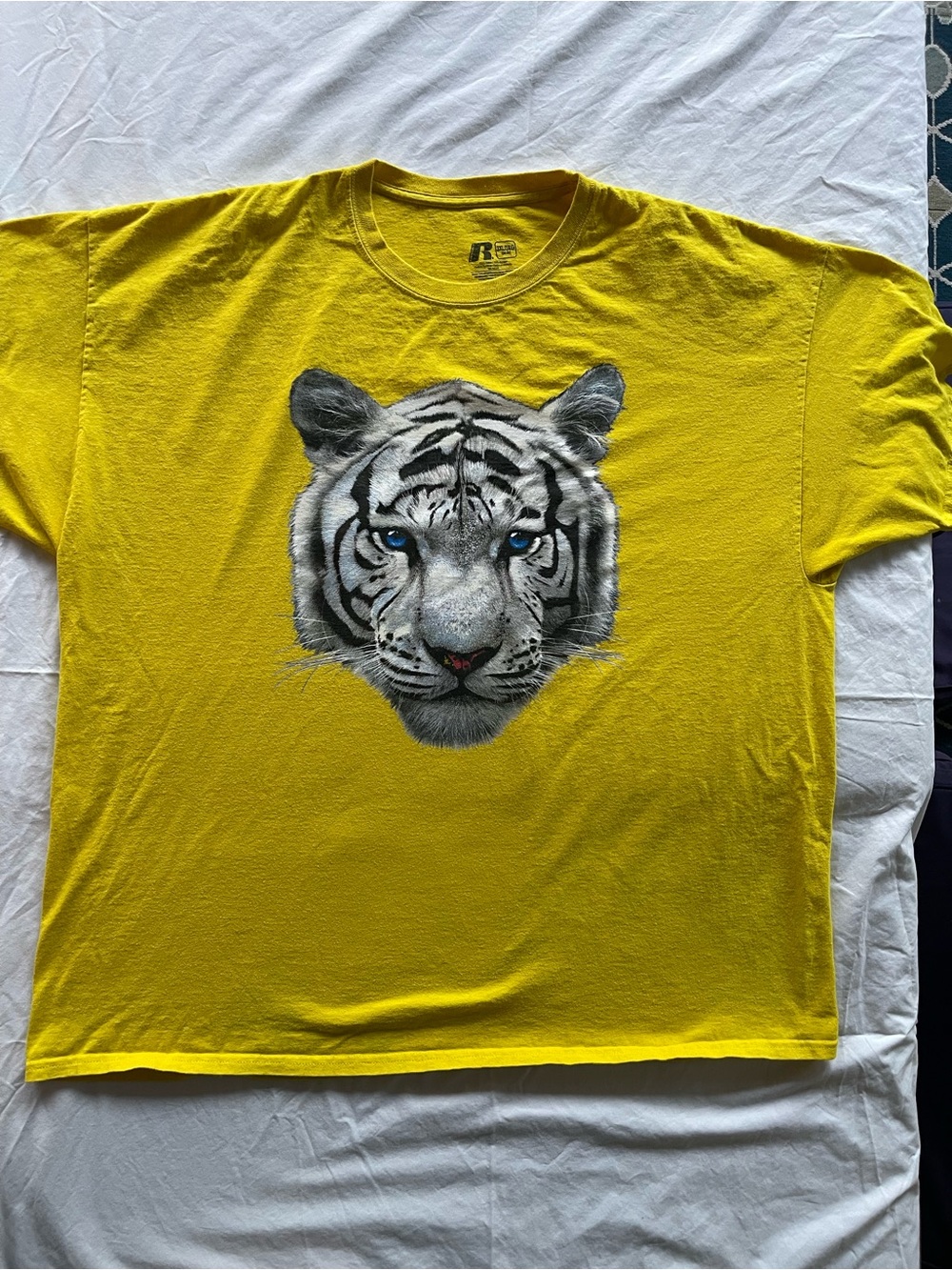 Russell Athletic Yellow Tee with White Tiger Face Graphic